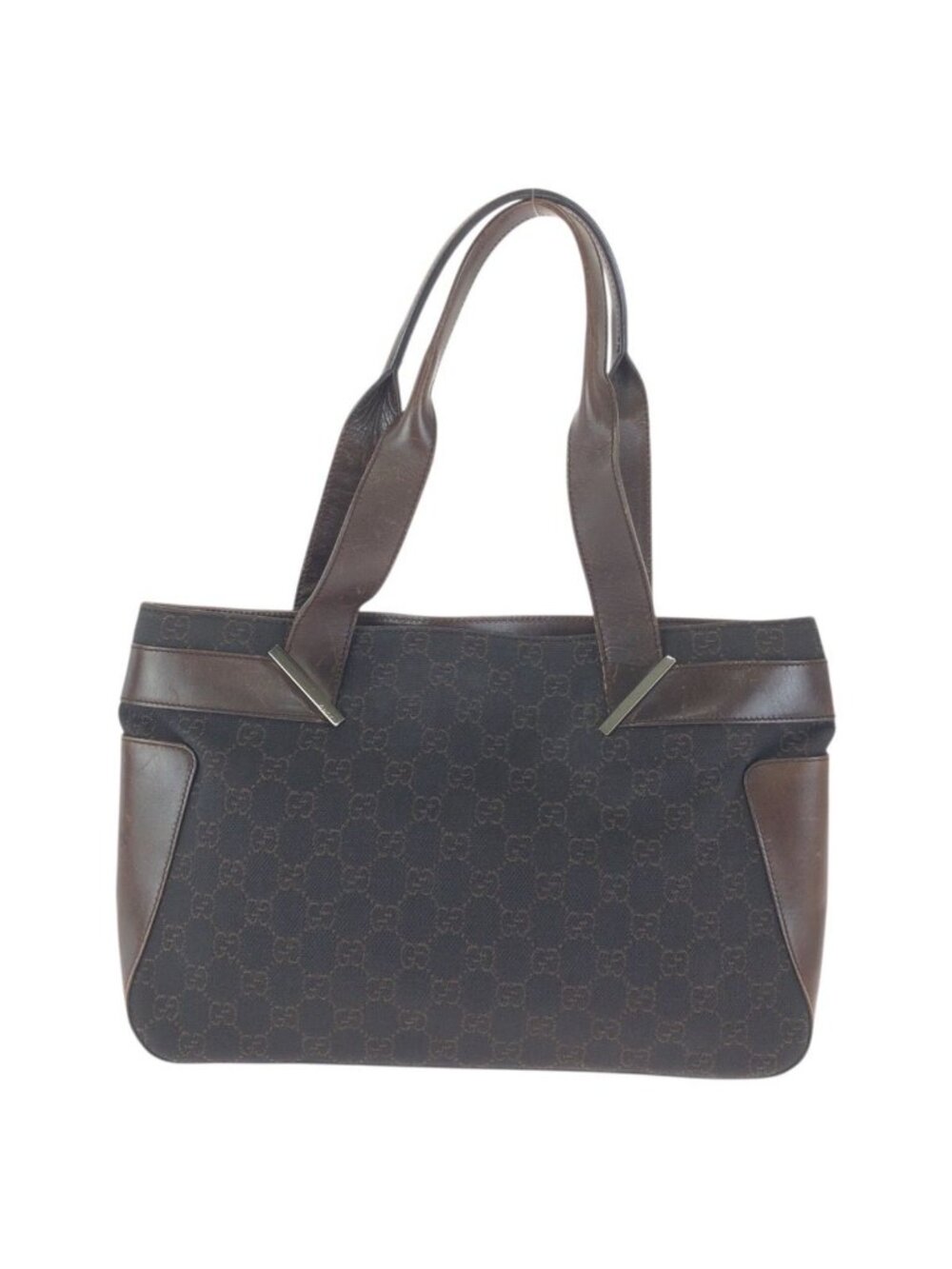 Gucci Dark Brown Silver GG Canvas Leather Tote Bag
